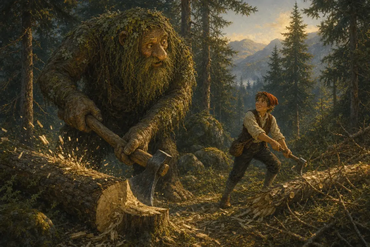 Det store mosegrodde trollet og Askeladden hogger trær sammen i skogen.