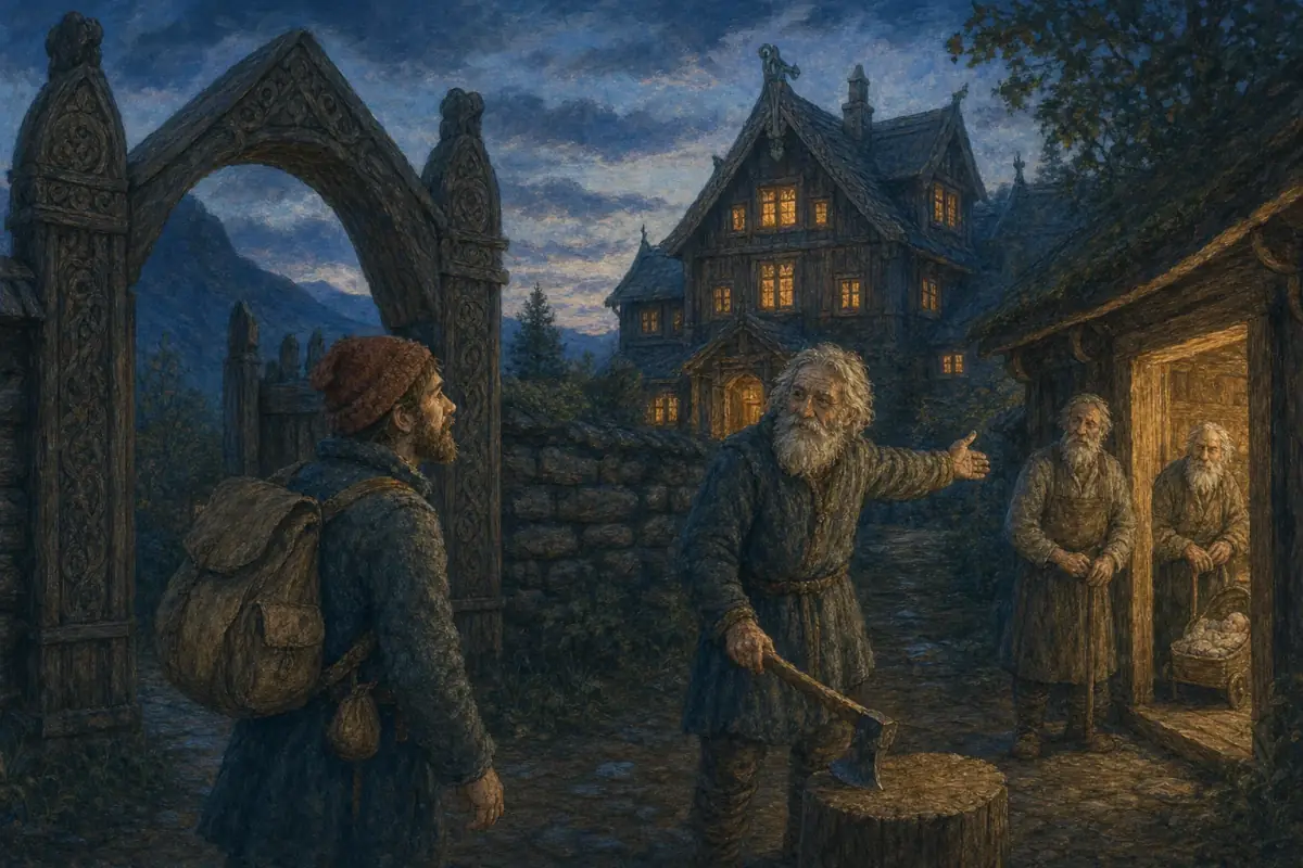 Den reisende går inn i den gamle tømmerstua og spør etter husbonden.
