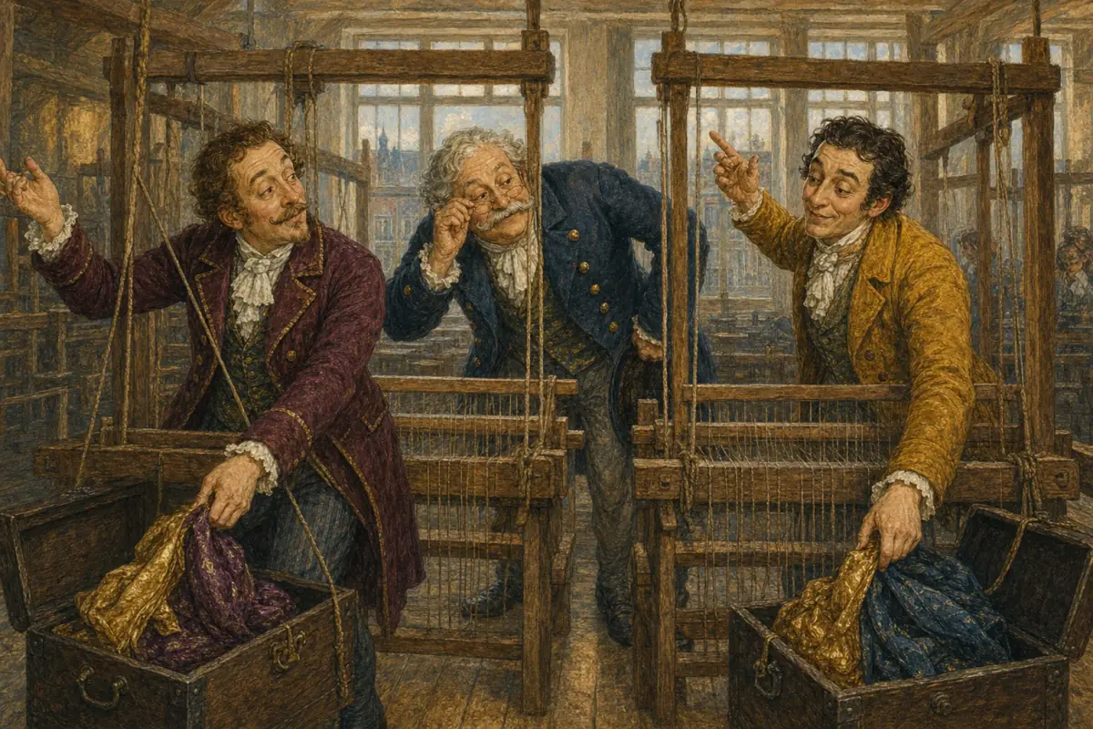De to bedragerne later som de vever ved tomme vevstoler mens hoffmennene undrer seg.