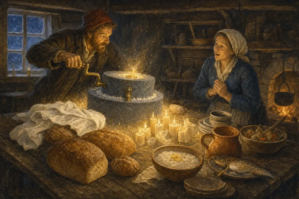 Den magiske kverna maler fram julemat og lys i den fattige stua.