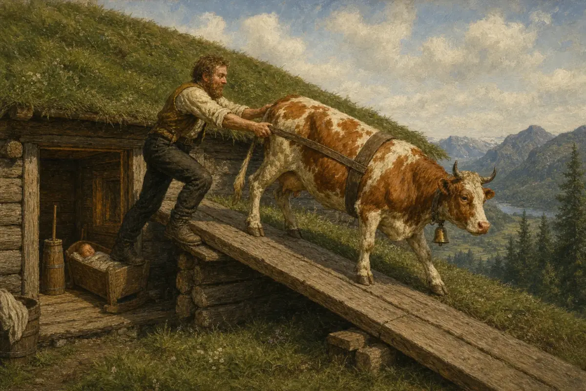 Mannen fører kua opp på torvtaket for at den skal spise gress.