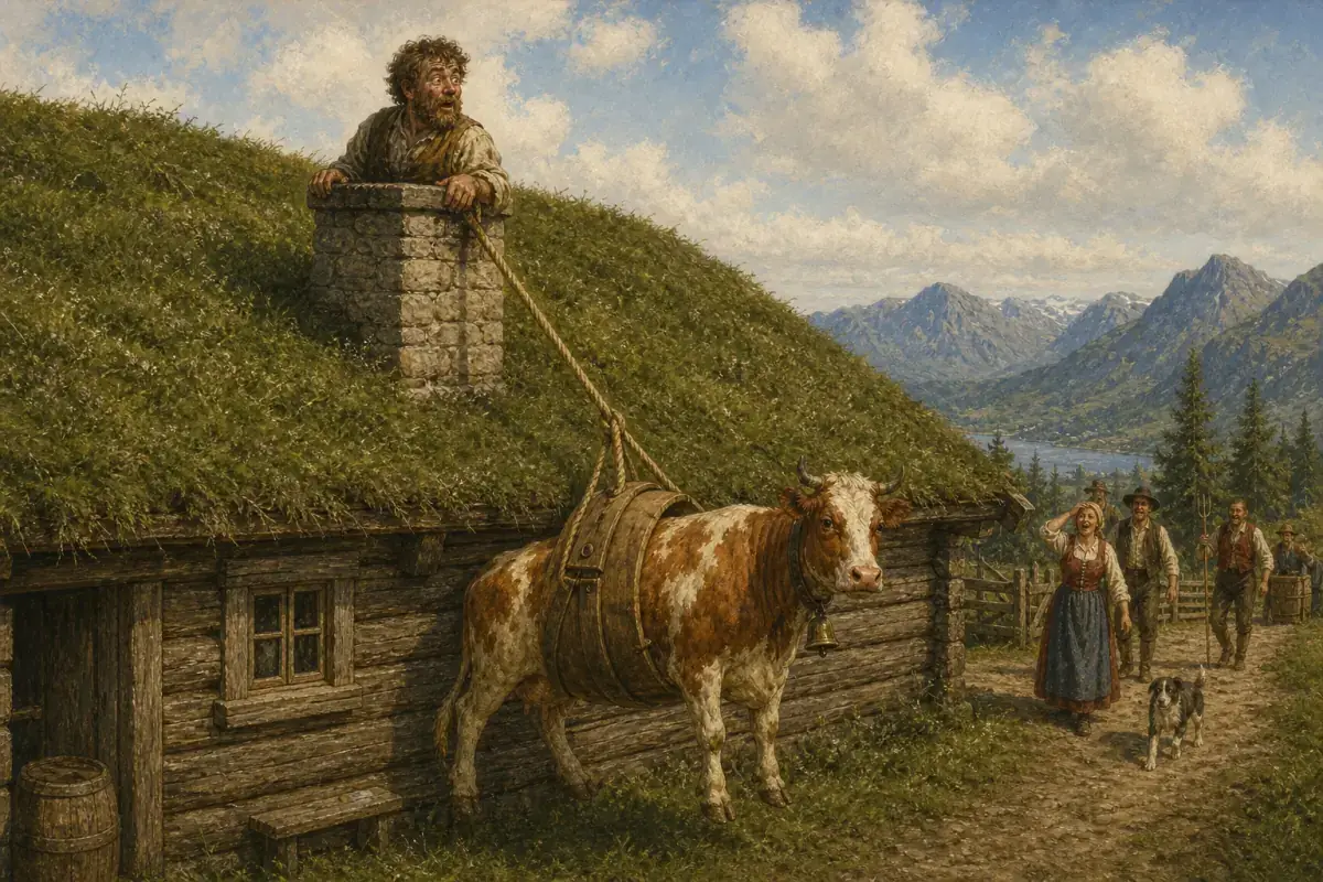 Mannen sitter fast i pipa mens kua henger trygt i en bred sele like over bakken.
