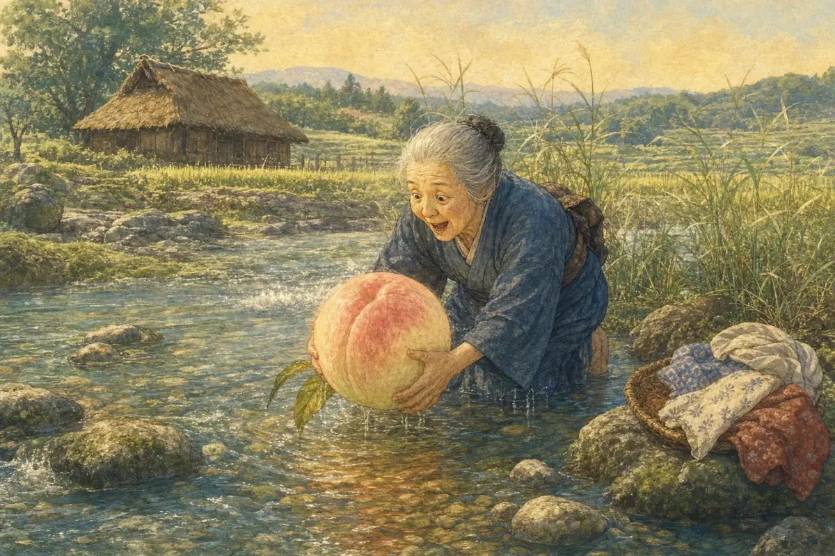 Den gamle kvinnen løfter en kjempestor fersken opp av elven i Japan.