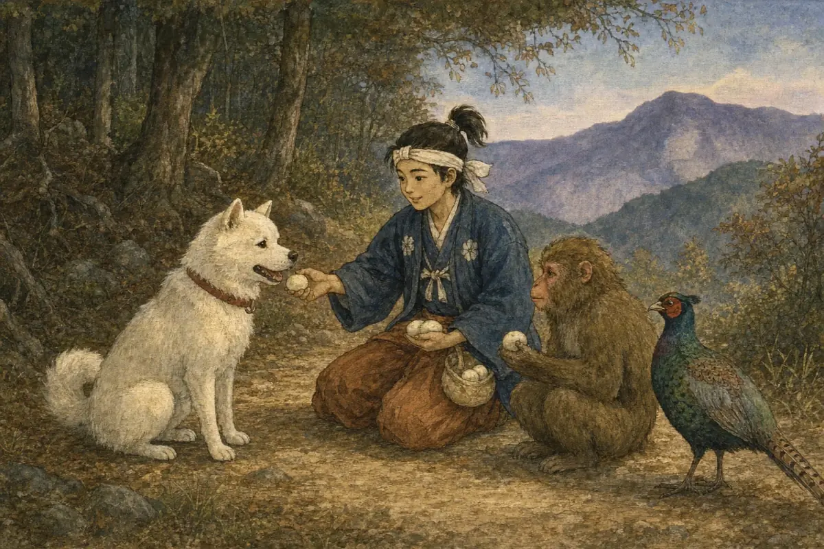 Momotaro deler hirseboller med hunden, apen og fasanen på skogsveien.