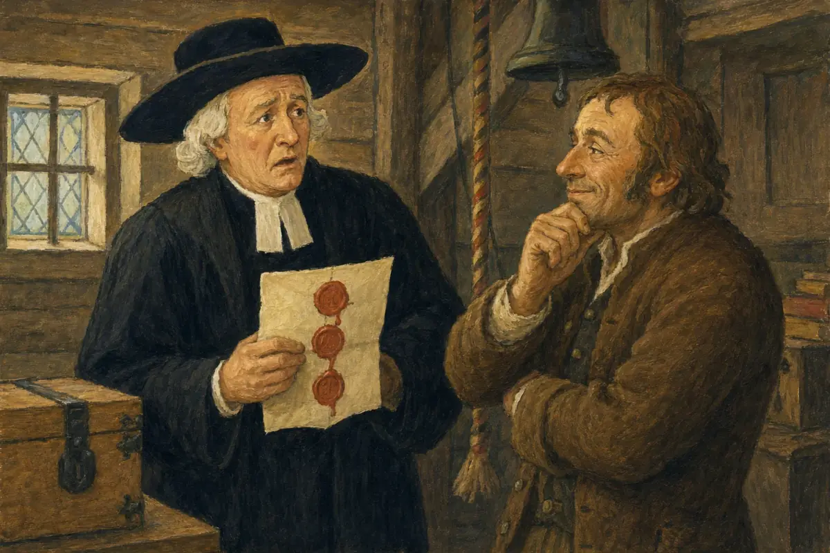 Den bekymrede presten viser kongens brev til den sindige klokkeren i kirken.
