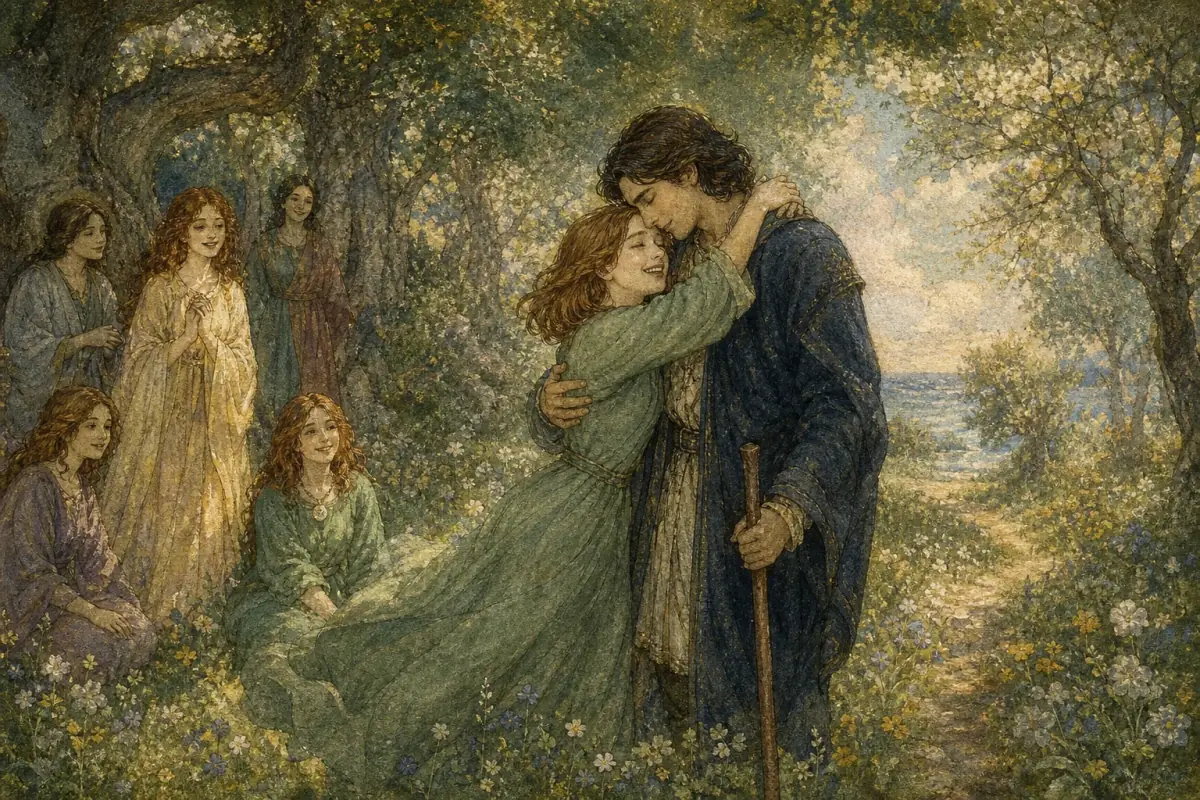 Rapunsel og prinsen finner hverandre igjen i en blomstrende skoglysning.