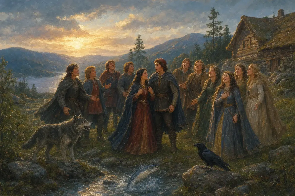 De seks prinsene og prinsessene er levende igjen og feirer sammen med Askeladden og hjelpedyrene.