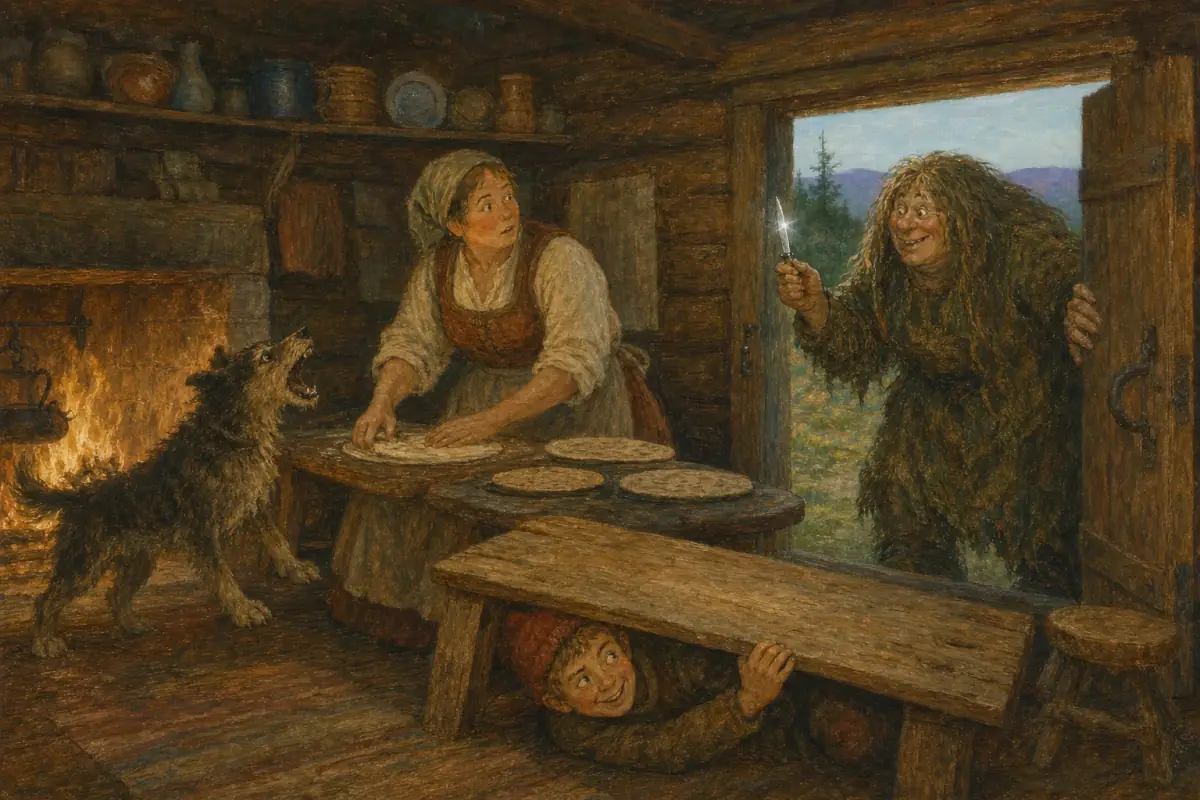 Smørbukk titter fram under bakebordet når trollet viser den blanke sølvkniven.