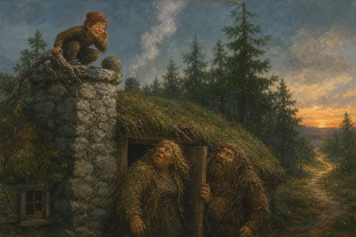 Smørbukk sitter trygt ved pipa mens de forvirrede trollene leter nedenfor.