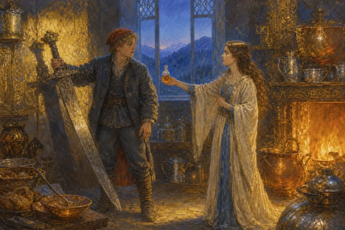 Prinsessen rekker Halvor styrkedrikken mens han løfter det veldige sverdet i gullkjøkkenet.