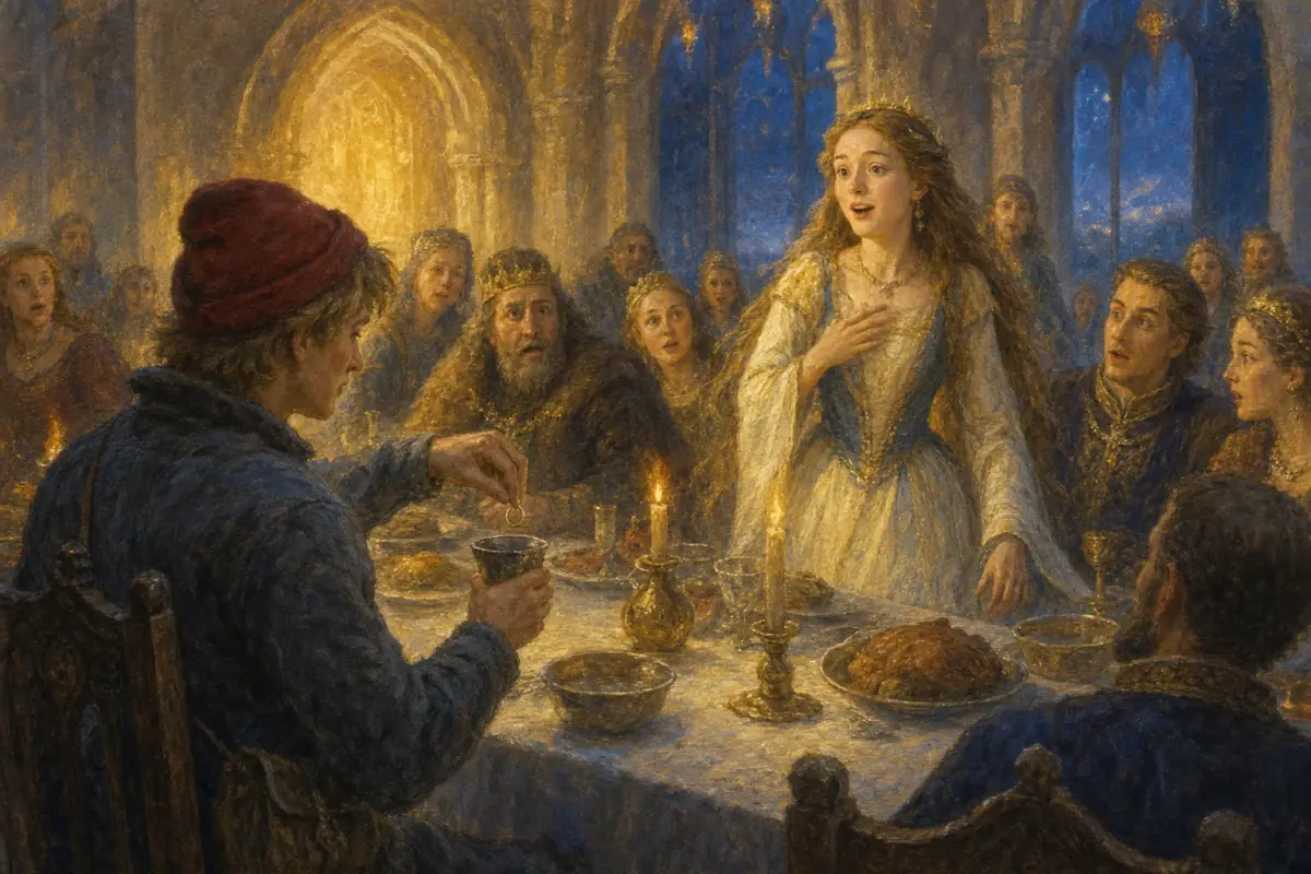 Halvor slipper ringen i begeret, og prinsessen kjenner ham igjen ved bryllupsbordet.